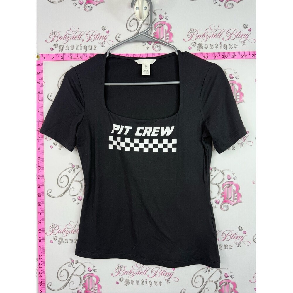 H&M Black Tee with White "Pit Crew" Graphic